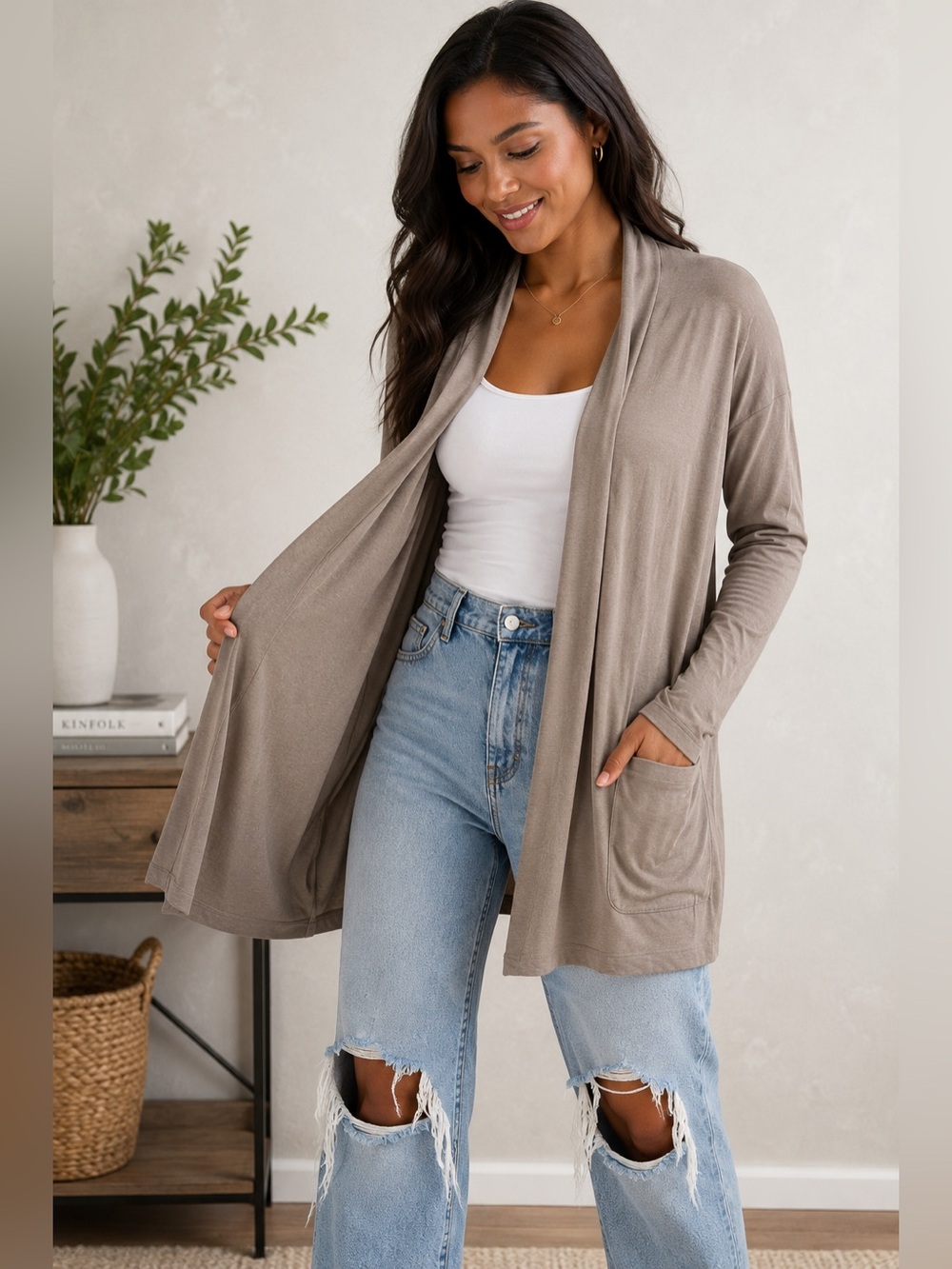 Old Navy Open Front Cardigan Women’s Large Tan Lightweight Long Sleeve Pocket Du